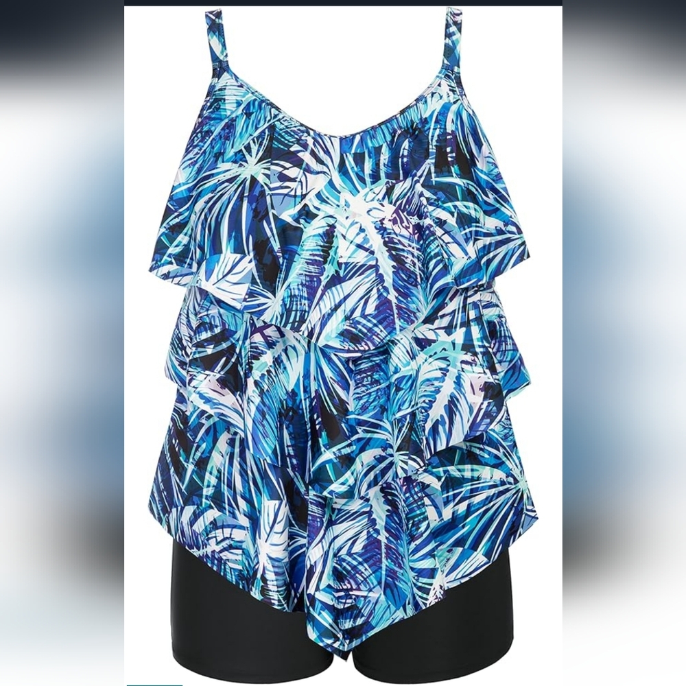 HANNA NIKOLE PLUS SIZE Tropical Blue Leaf Print Tankini
